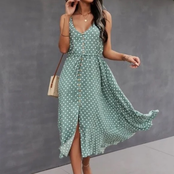 Boho mint green button up v neck tie polka dot dress - Picture 2 of 16